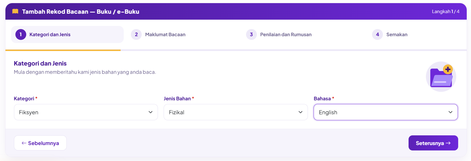 Tambah Rekod Bacaan - Kategori Bahasa