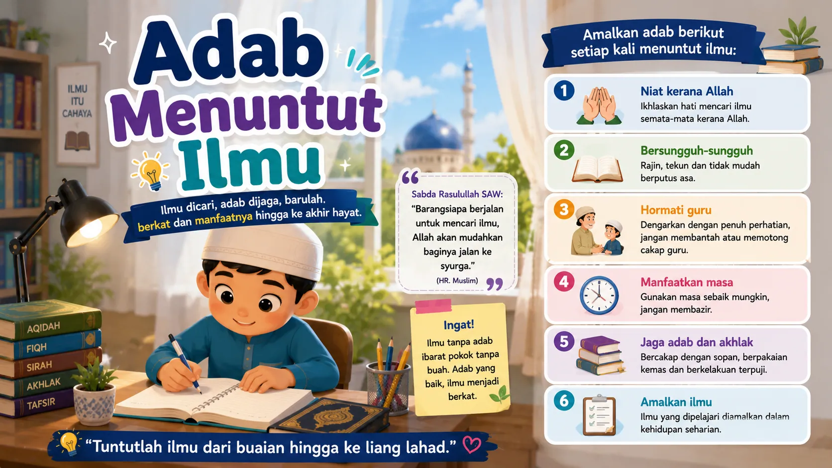 Ilustrasi murid mengamalkan adab menuntut ilmu di sekolah, menghormati guru dan rakan