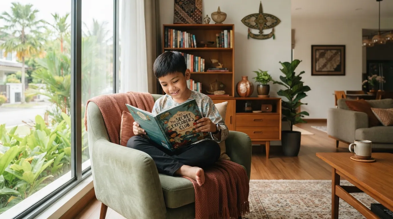 Murid membaca buku di rumah sebelum menulis contoh ulasan buku NILAM