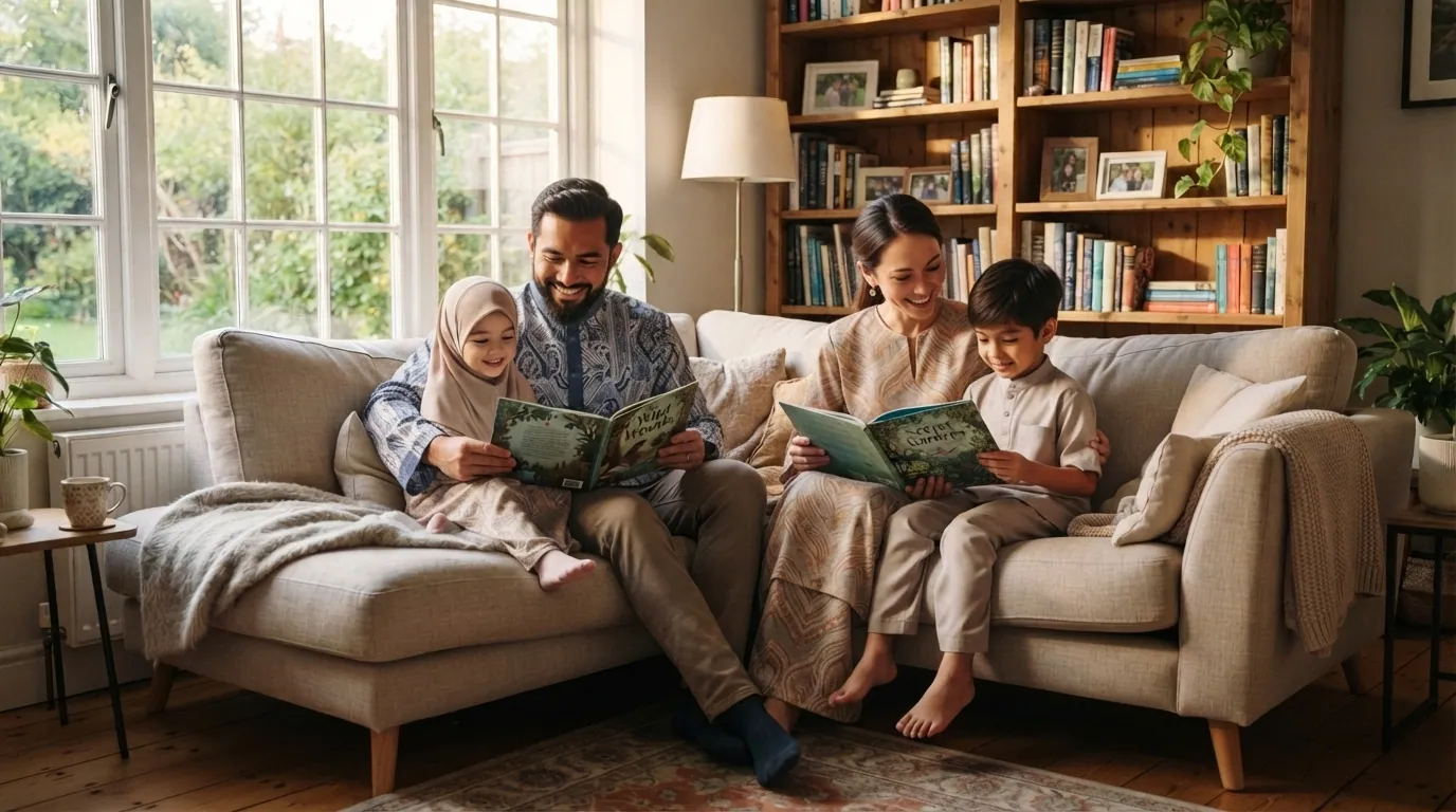 Keluarga membaca buku bersama di atas sofa