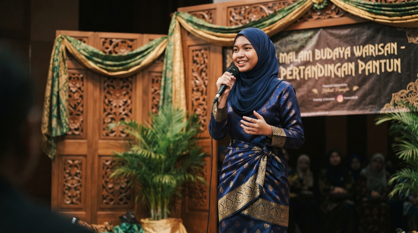 Murid berlakon pantun 4 kerat di pentas sekolah