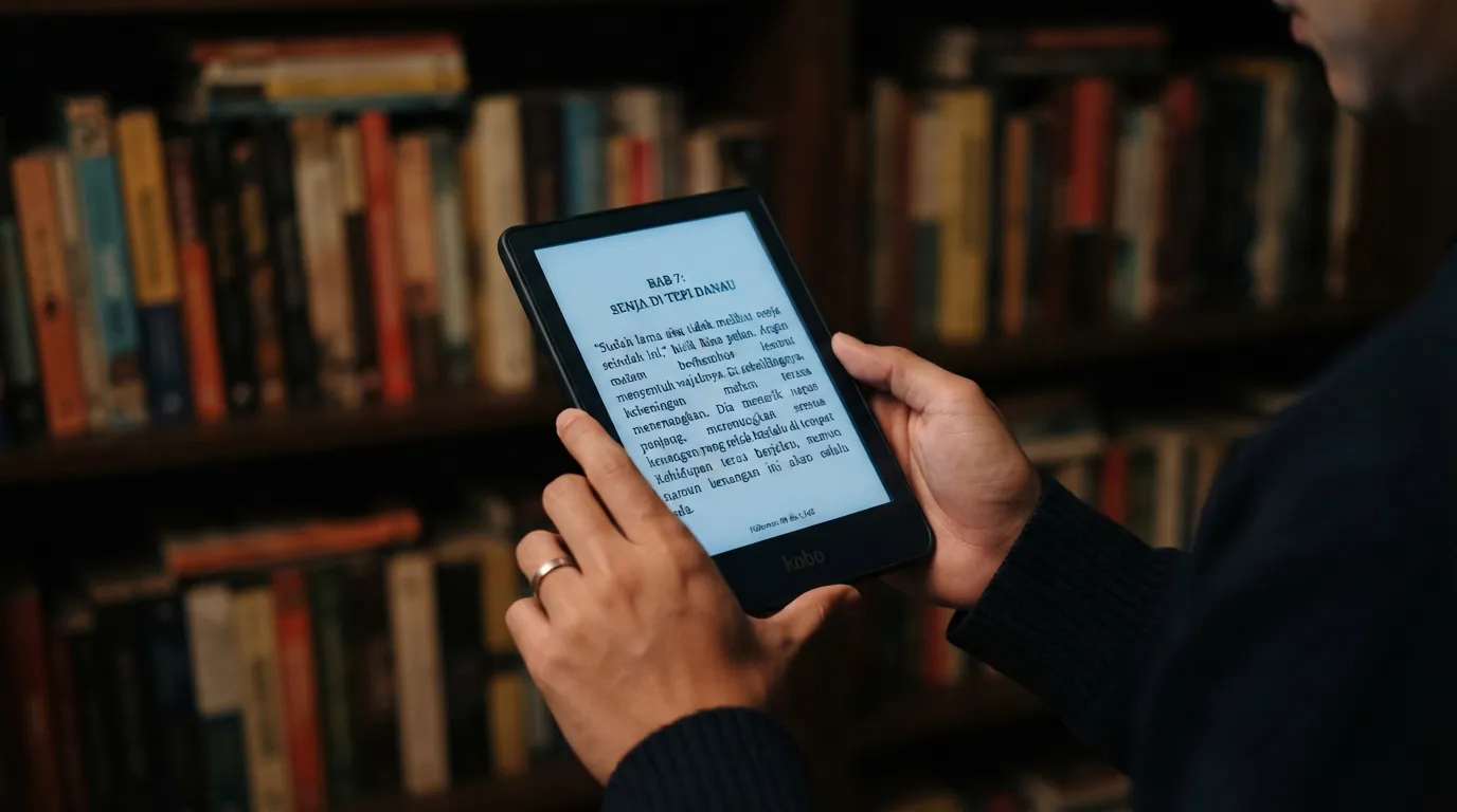 Tangan memegang e-reader semasa membaca era digital