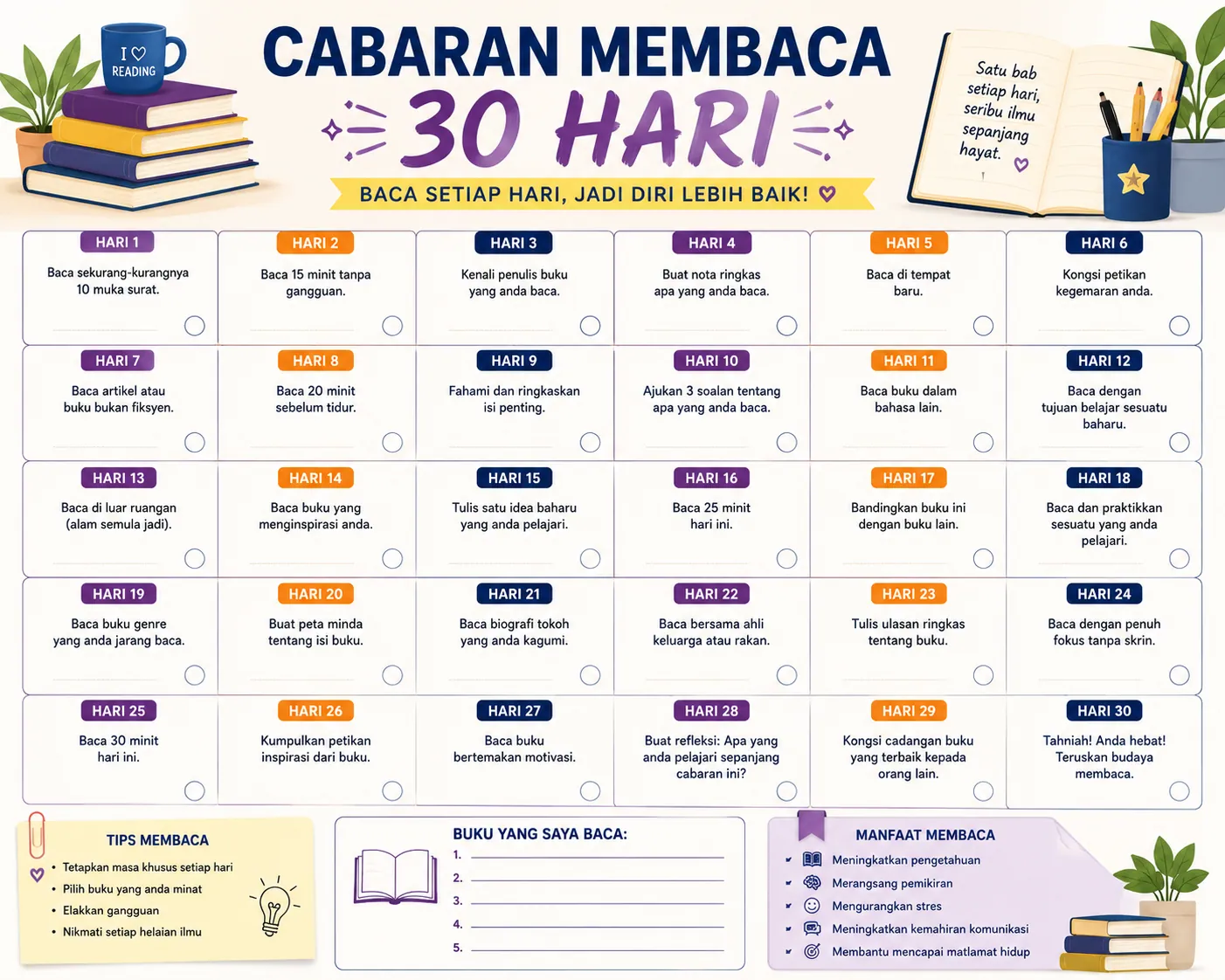 Jadual Cabaran Membaca 30 Hari untuk bina tabiat membaca harian
