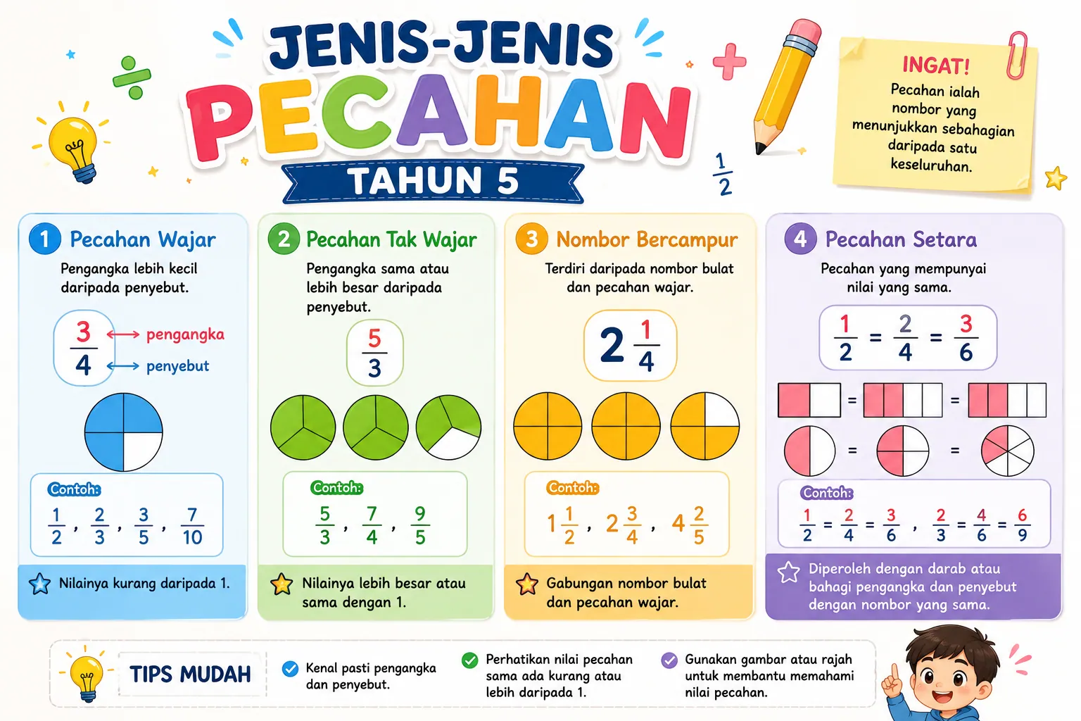 Jenis-Jenis Pecahan Tahun 5 merangkumi Pecahan Wajar, Pecahan Tak Wajar, Nombor Bercampur dan Pecahan Setara, lengkap dengan contoh serta rajah visual