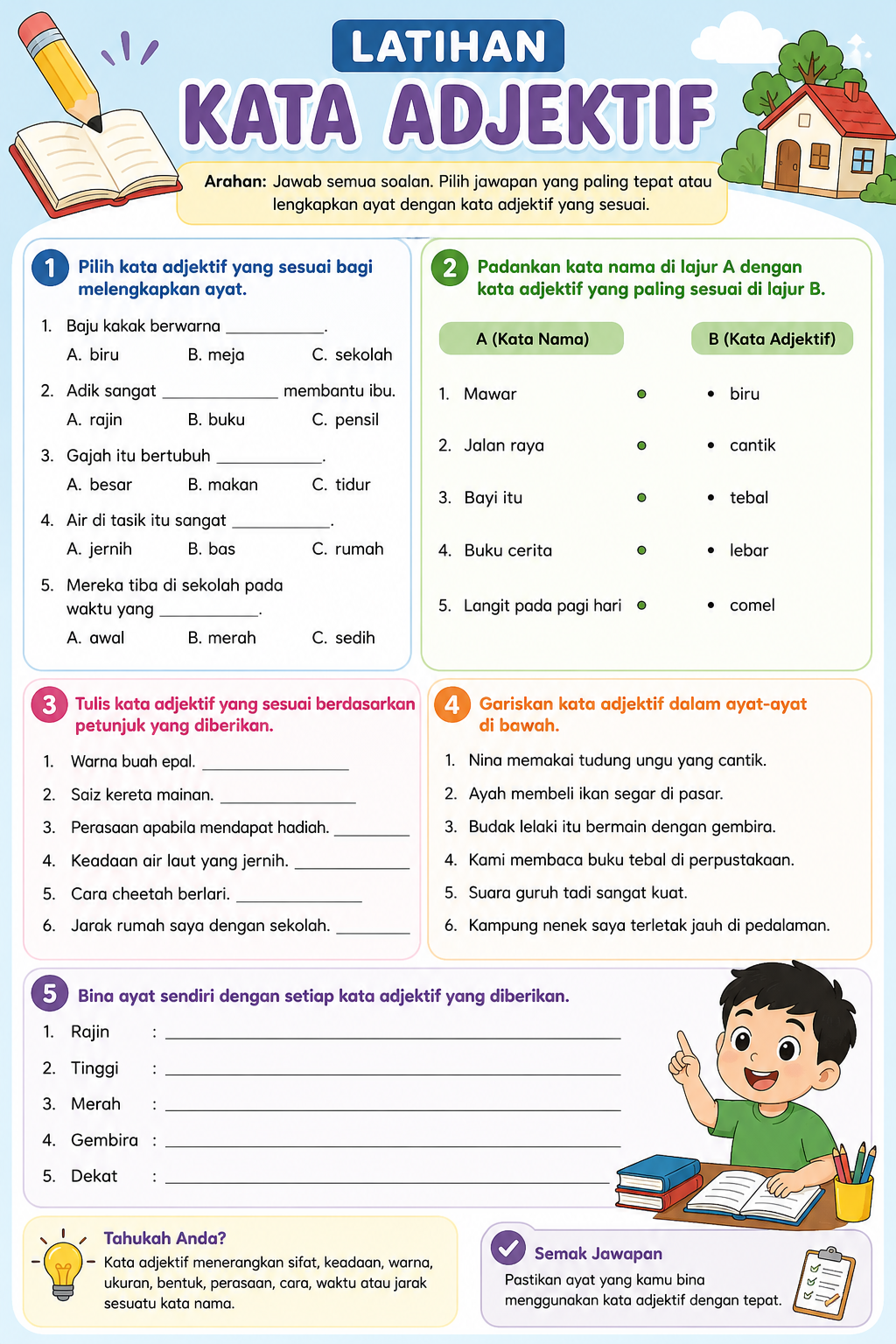 Latihan kata adjektif dengan contoh soalan untuk murid