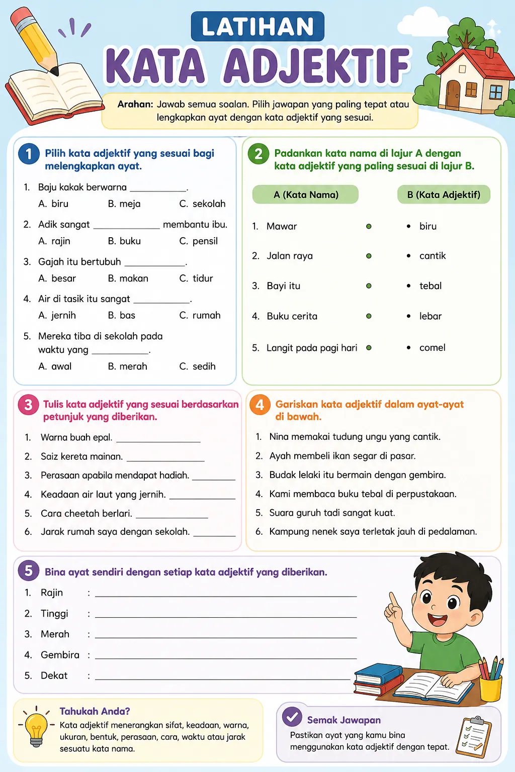 Latihan kata adjektif dengan contoh soalan untuk murid