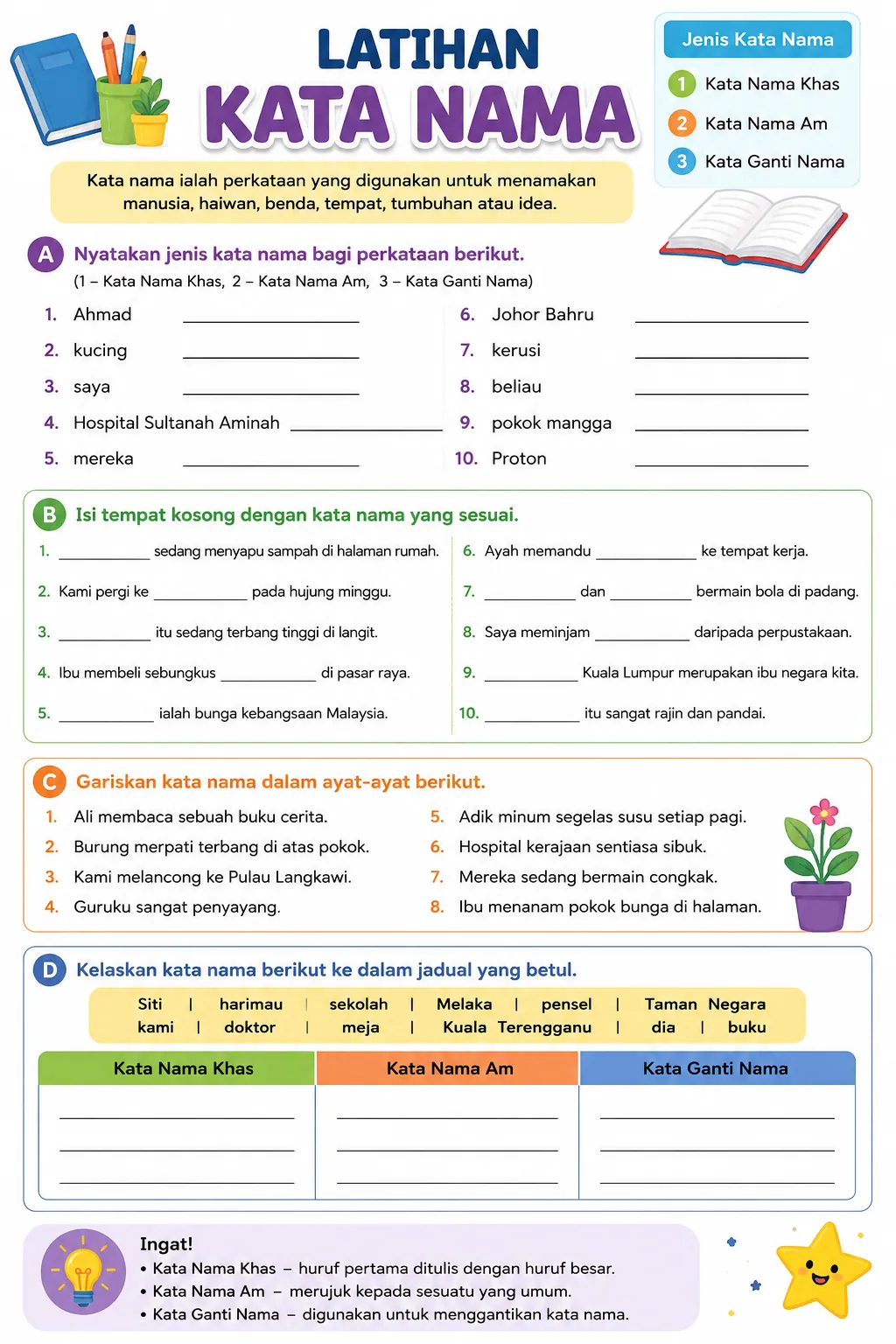 Latihan kata nama dengan contoh soalan untuk murid