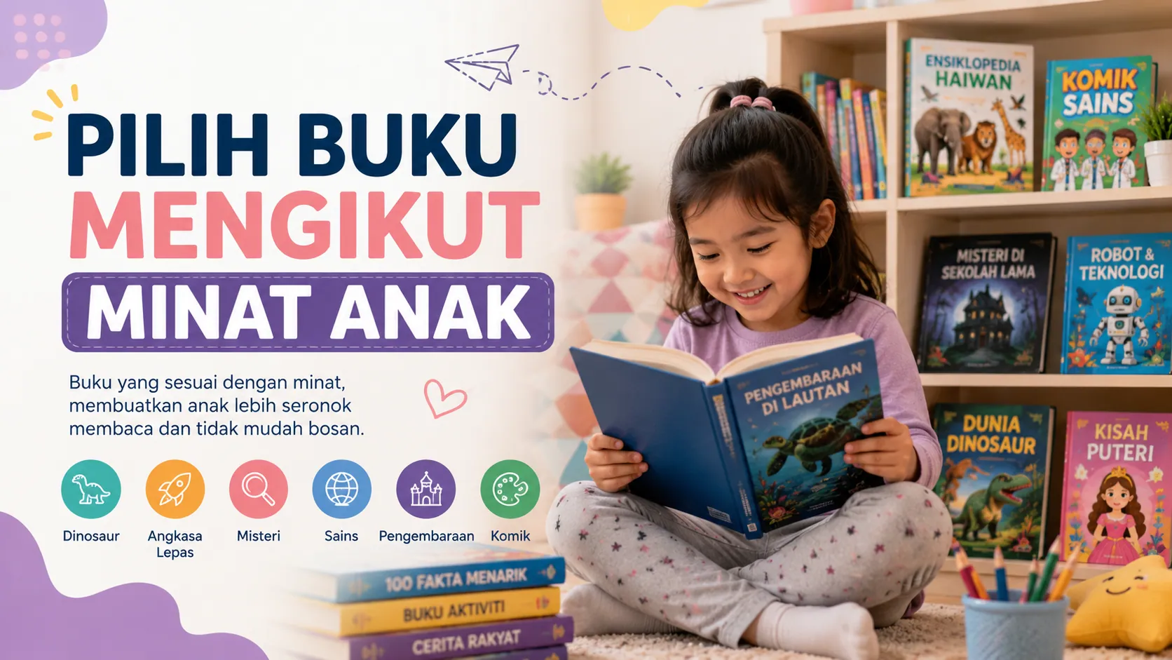 Memilih buku mengikut minat anak untuk rutin membaca