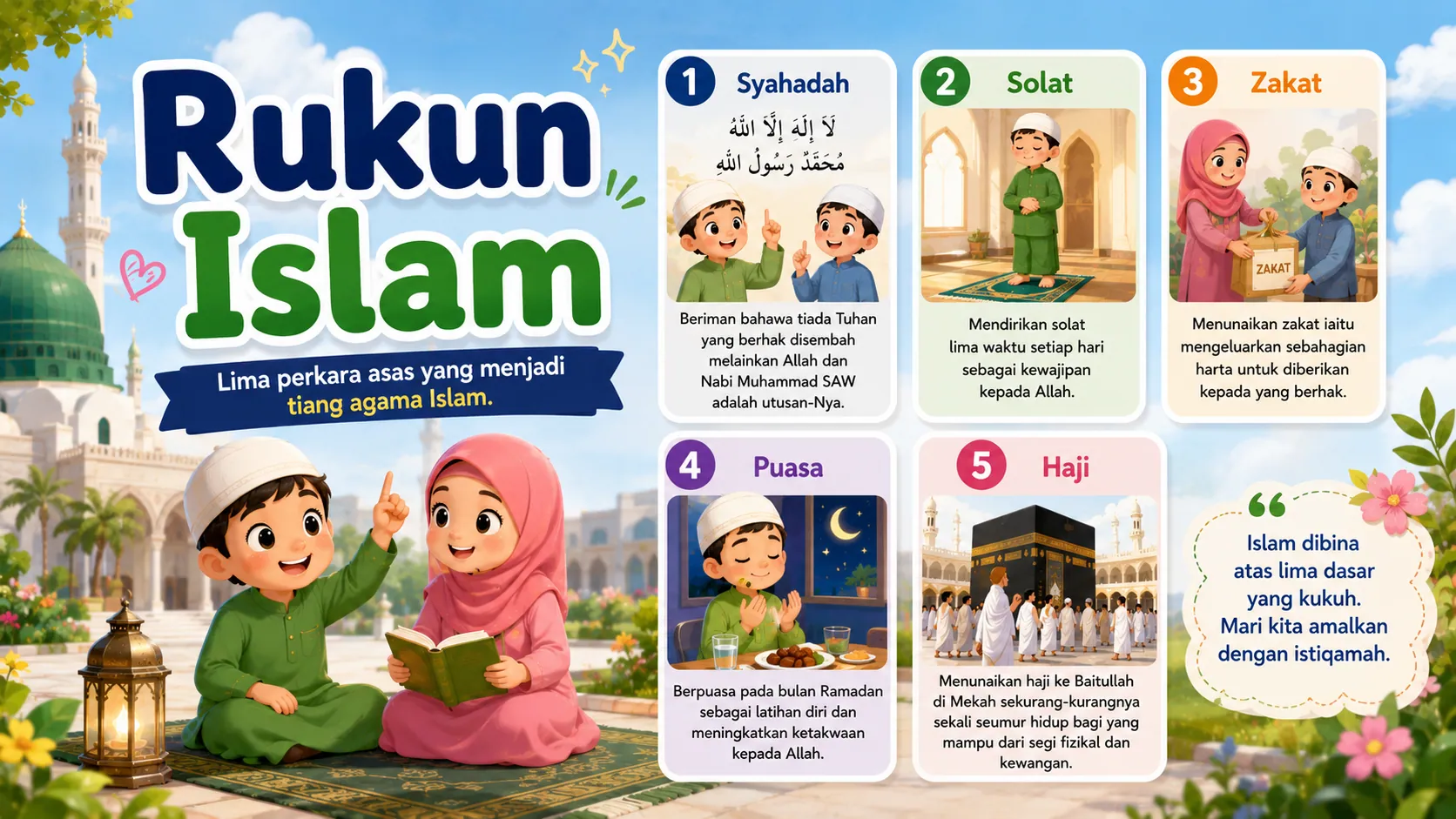 Ilustrasi lima Rukun Islam: syahadah, solat, zakat, puasa dan haji