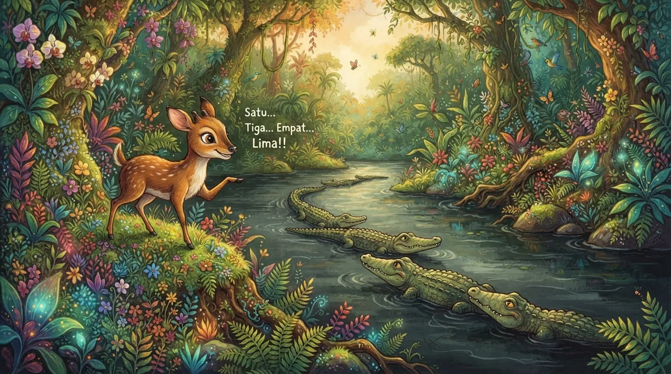 Ilustrasi cerita Sang Kancil dan Buaya sebagai contoh ringkasan