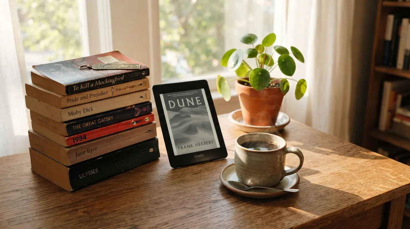 Meja kayu dengan buku fizikal dan e-reader
