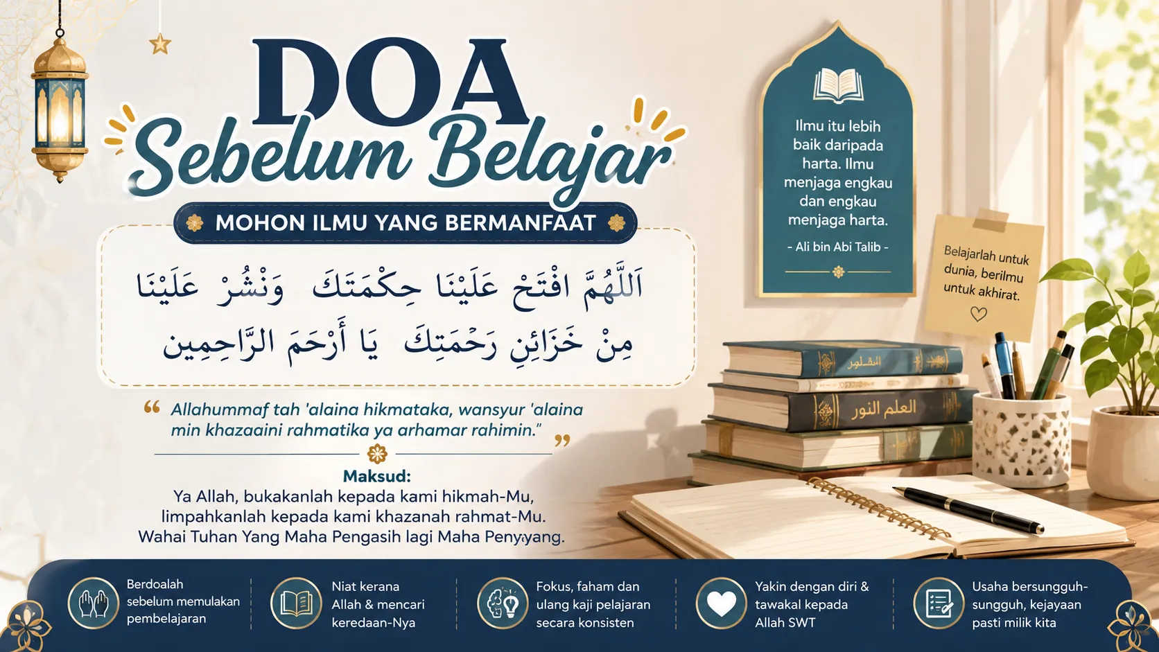 Ilustrasi doa belajar untuk pelajar Muslim sebelum memulakan pembelajaran