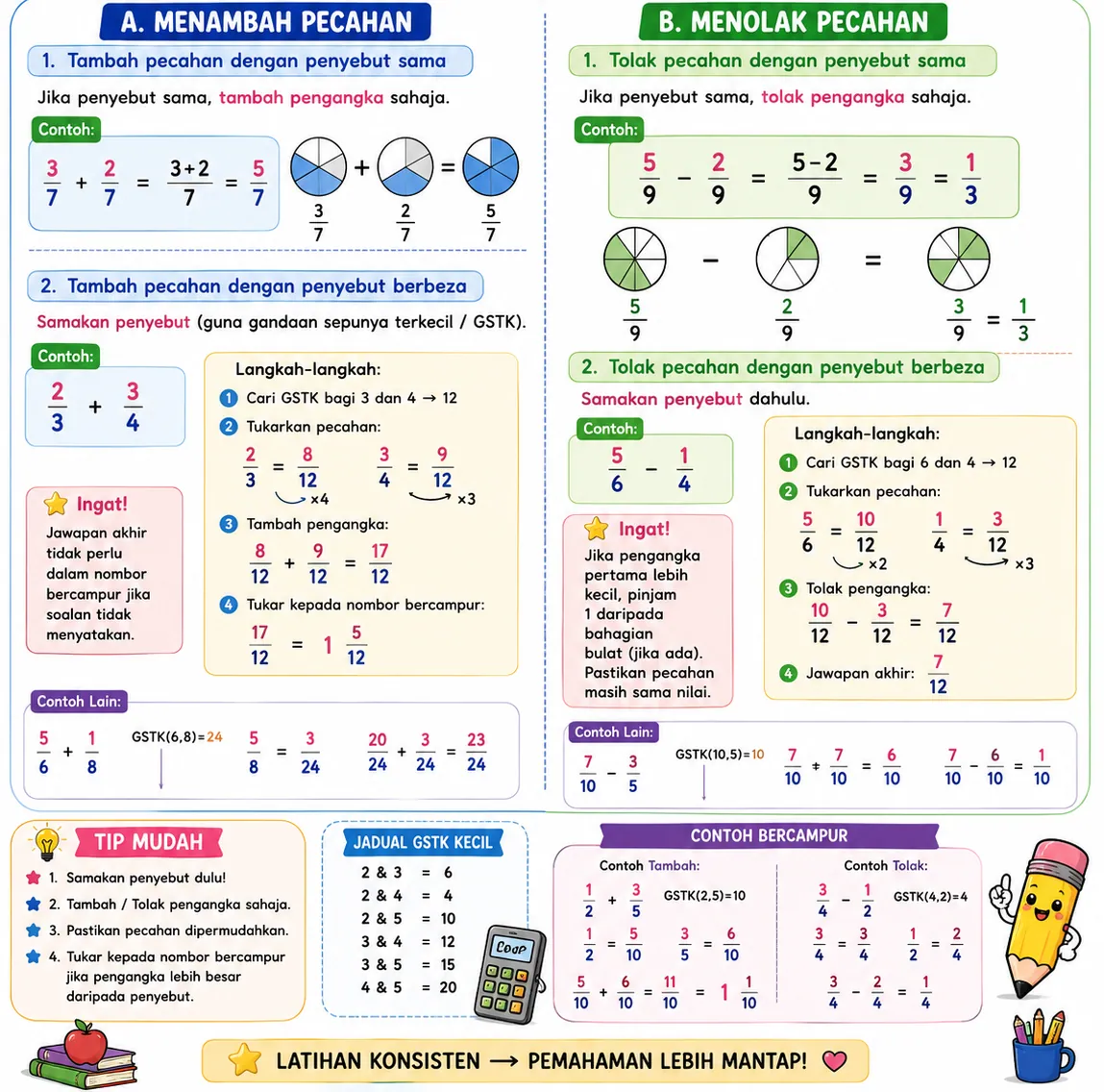 nota matematik tahun 6 menambah dan menolak pecahan